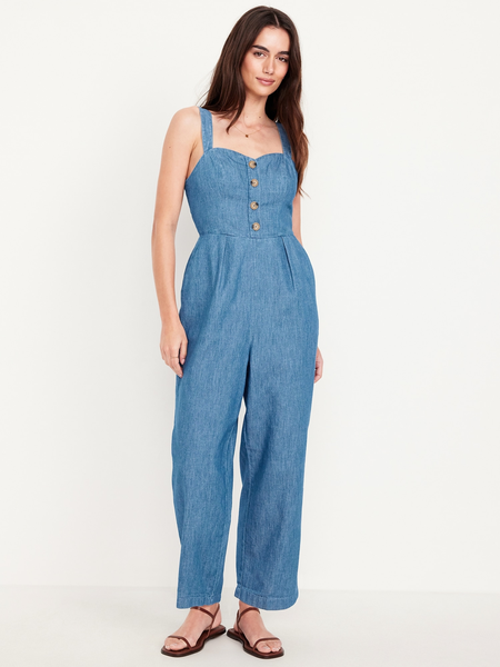 Button-Front Linen-Blend Cami Jumpsuit