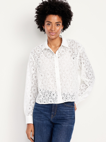 Cropped Button-Down Eyelet Shirt