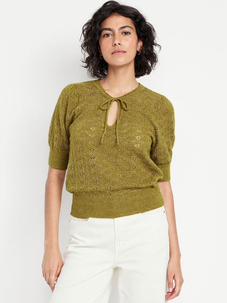 Wool-Blend Puff-Sleeve Tie-Neck Sweater | Old Navy