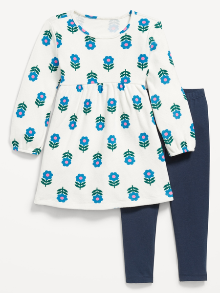 Long-Sleeve Waffle-Knit Dress and Leggings Set for Toddler Girls