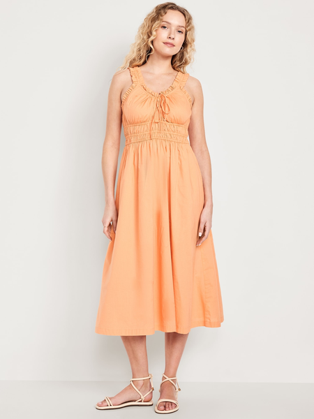 Waist-Defined Ruffled Midi Dress
