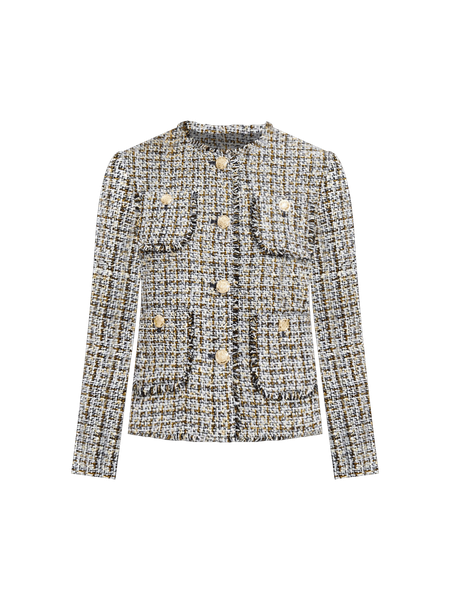 Metallic Fringe Tweed Collarless Jacket